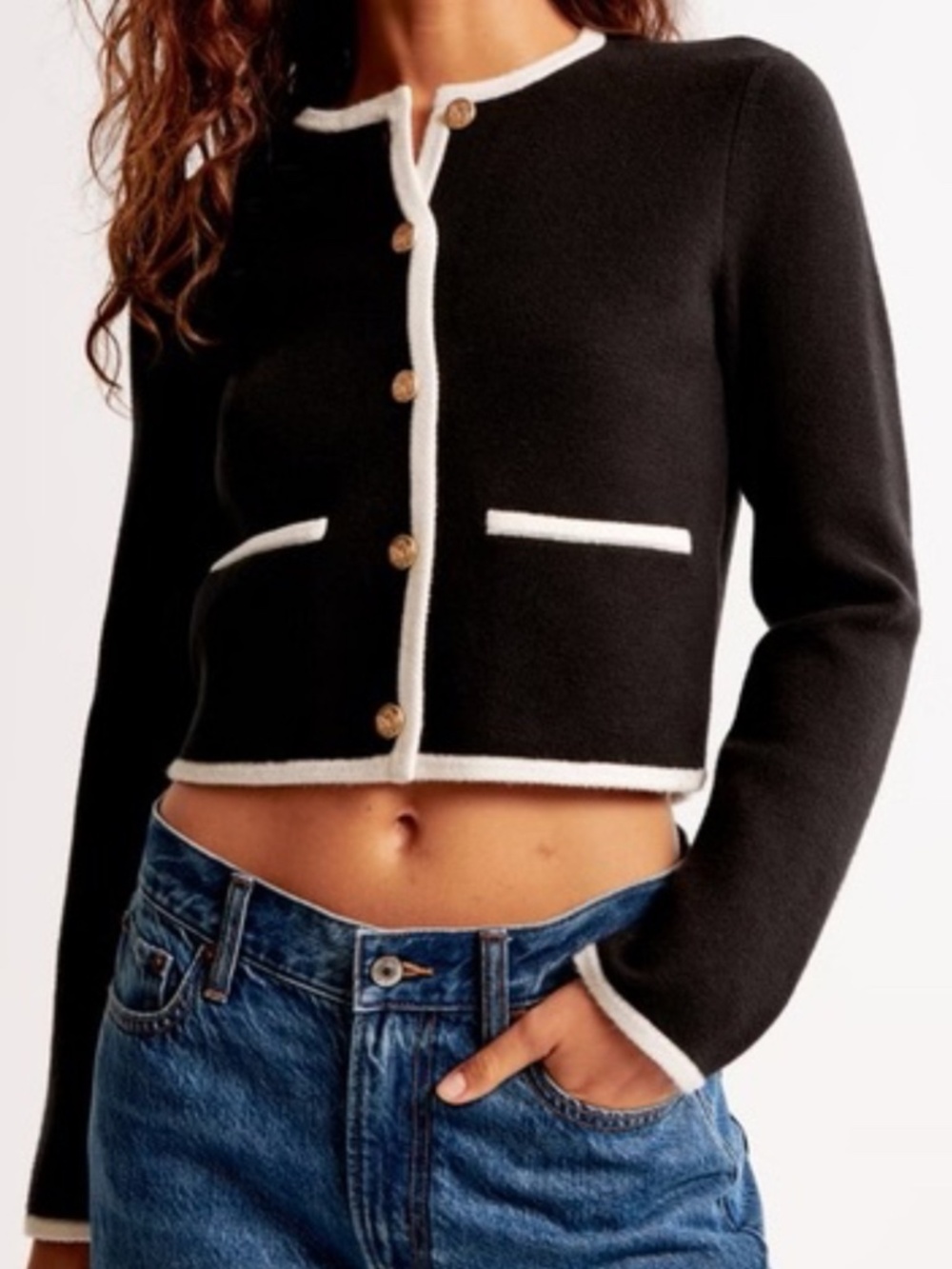 Abercrombie & Fitch Black and White Cropped Button Down Sweater with Gold Button